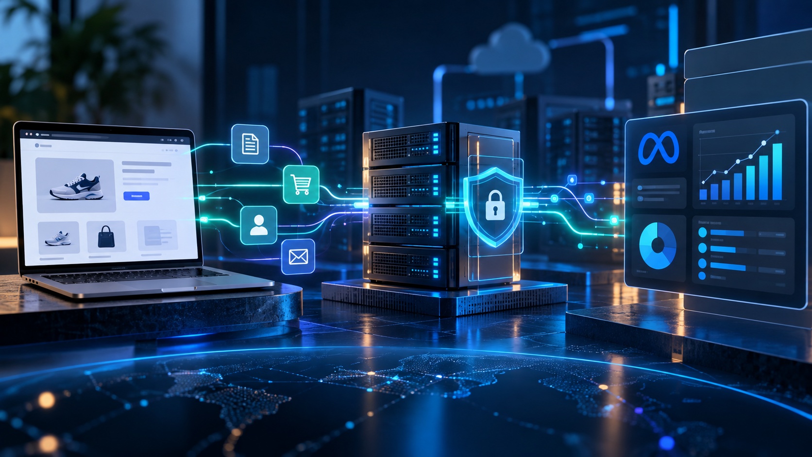 Meta Conversion API ve sunucu taraflı dijital pazarlama ölçüm altyapısını temsil eden sunucu ve analytics görseli