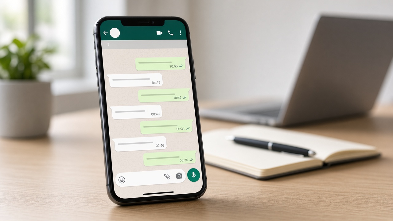 Akıllı telefonda WhatsApp Business sohbet ekranı açık, modern bir işletme masasında müşteri iletişimi sahnesi