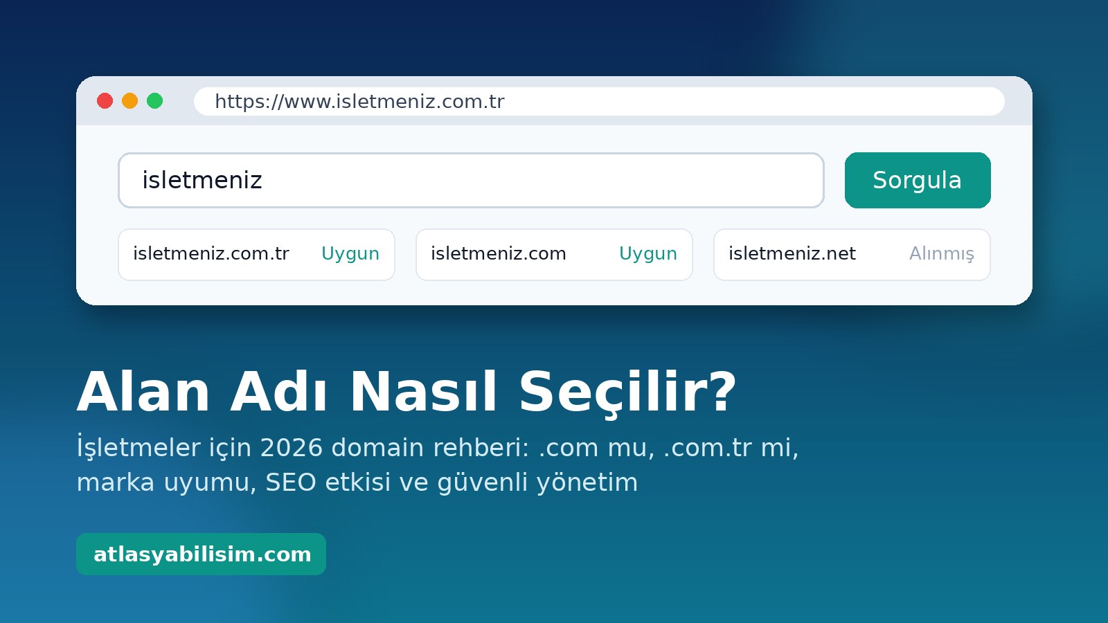 Tarayıcı penceresinde alan adı sorgulama ekranı ve Alan Adı Nasıl Seçilir başlıklı Atlasya Bilişim blog kapağı